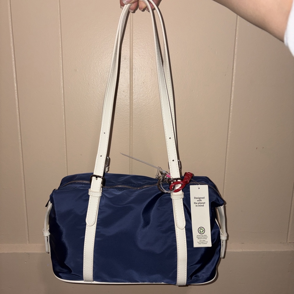 No Boundaries Nylon Shoulder Bag Mini Duffle Navy Blue White Trim